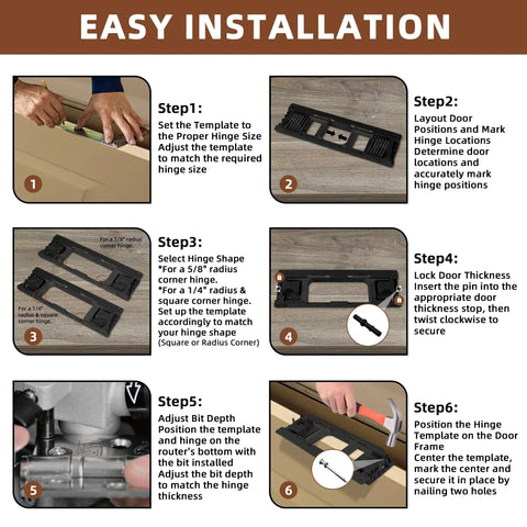 Instruction steps for using Pro Grade Door Jamb Hinge Jig For Easy No Fuss Install Across Eight Size Options black kit