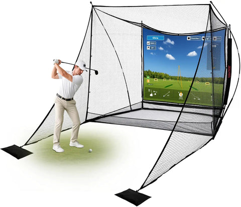 Golfer practicing with 10x8 Ft Golf Practice Net With Side Barriers And Dual Layer HD Simulator Screen For Indoor Or Outdoor Backyard Setup