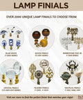 Assorted lamp finials collection; rhinestone owl, wood, crystal, nautical, filigree designs.