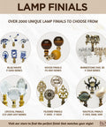 Various lamp finials including blue/white, wood, rhinestone owl, crystal, filigree, and nautical designs labeled with series numbers.
