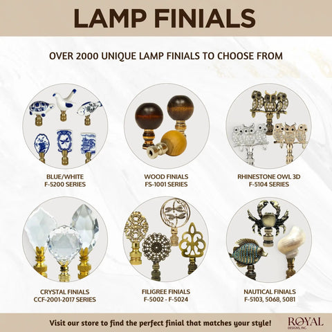 Various unique lamp finials in different styles, including wood, rhinestone owl, crystal, filigree, and nautical designs.