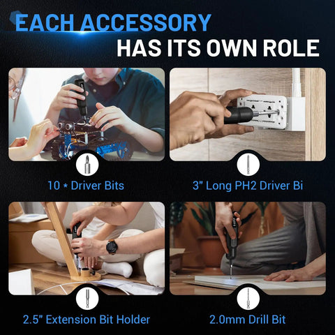 Different uses of the 4V Cordless Electric Screwdriver Kit With USB C Charge 250 RPM High Power Motor LED Light Includes 12 Bit Set And 1 Drill Bit For Furniture Assembly And Home Electrical Projects Compact Rechargeable Power Tool