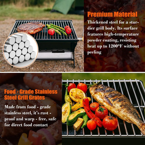 Portable Camping Grill Foldable Charcoal And Gas BBQ With Carry Bag showing food-grade stainless steel grill grates and vegetables.