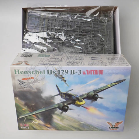 Product box of 1 48 Scale Henschel Hs 129 B3 Model Kit With Ultra Detailed Interior And Clear Parts Bonus Set on display.