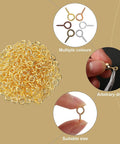 1200 Pcs Small Screw Eye Pins For Pro DIY Jewelry Making Kit with multicolor mini eye screws shown in use and different sizes