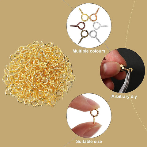 1200 Pcs Small Screw Eye Pins For Pro DIY Jewelry Making Kit with multicolor mini eye screws shown in use and different sizes