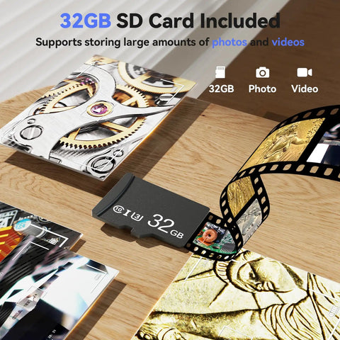 32GB SD card on wooden desk with photos and film, suitable for Large 10.1 Inch Digital Microscope With 178 Degree View, 1080P 1200X Magnification For Ultra Detail, Coin Nerds Magnifier For Error Coins With Built In Light, 16MP LCD Display, Soldering Microscope For Adults With Screen PC View 32GB