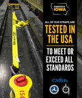 Built Tough As Nails 3 Inch Wide X 20 Feet Yellow Ratchet Straps With Wire Hook on a testing platform in a warehouse.