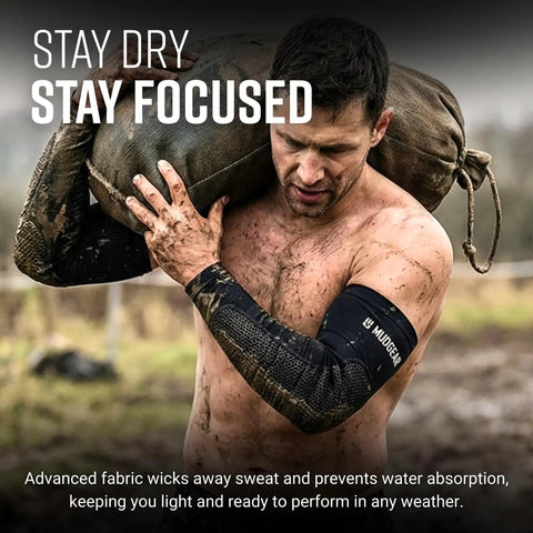 Man wearing Premium Padded Arm Sleeves With Compression Elbow Protection, Non Slip Sweat Resistant Design For OCR