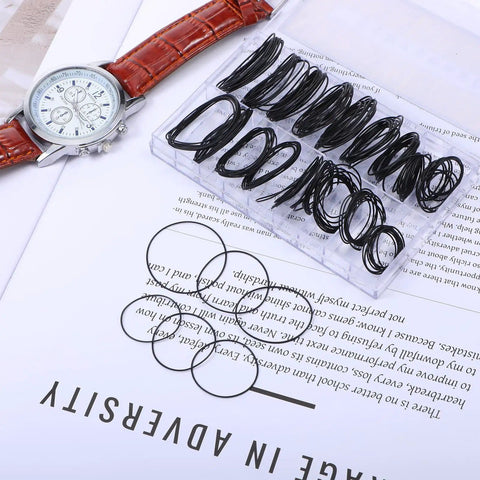 180 Pcs Watch Gasket O Ring Kit with 18 sizes waterproof rubber seals displayed next to a wristwatch for case repair