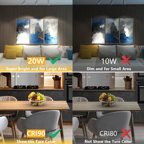 Comparison of lighting effects in a living area using Three Color Temperature Dimmable Ceiling Spotlight Kit, 20W vs 10W, CRI90 vs CRI80