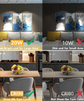 Comparison of 20W and 10W LED track lighting heads in a living room and kitchen showing color rendering index differences with CRI90 Plus and CRI80.