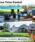Man using voice control for Smart Water Timer For Garden Hose With Brass Inlet And Outlet, WiFi Hub Enabled Hose Controller.