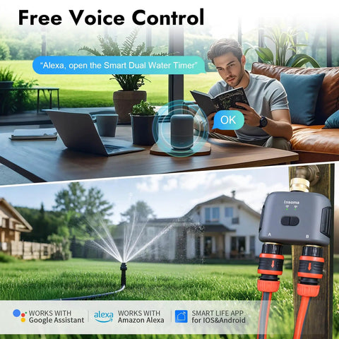 Man using voice control for Smart Water Timer For Garden Hose With Brass Inlet And Outlet, WiFi Hub Enabled Hose Controller.