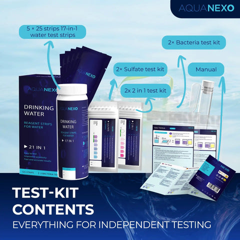 18 Parameters Drinking Water Test Strips Kit With 125 Strips Across 5 Packs Of 25 And 2 Coliform Bacteria Tests displayed