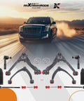 12 Piece Front Suspension Control Arm Kit With Polyurethane Bushings For Chevy Silverado 1500 displayed with SUV in motion