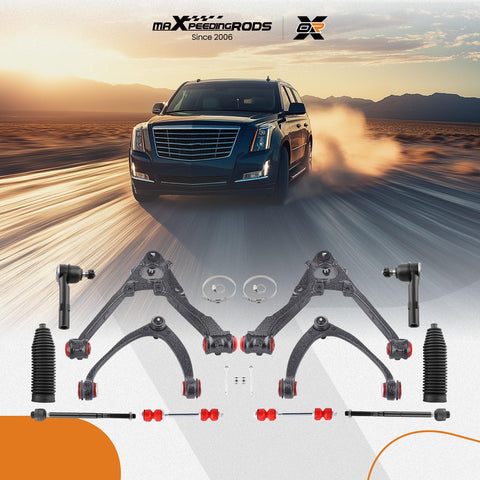 12 Piece Front Suspension Control Arm Kit With Polyurethane Bushings For Chevy Silverado 1500 displayed with SUV in motion