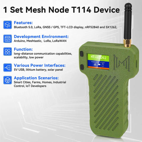 Badass Mesh Node T114 Board With NRF52840 SX1262 LoRa, green housing, TFT screen, antenna, designed for IoT applications.