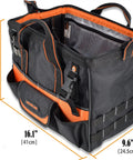 16 Inch Heavy Duty Tool Bag with 34 Pockets Open Top Organizer for HVAC and Electricians, shown in 1680D nylon with pocket layout.