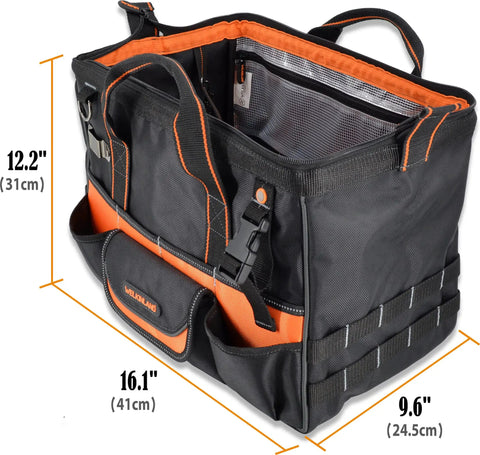 16 Inch Heavy Duty Tool Bag with 34 Pockets Open Top Organizer for HVAC and Electricians, shown in 1680D nylon with pocket layout.