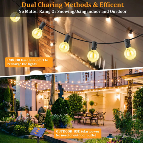Outdoor patio lit by Solar String Lights Outdoor 100ft G40 Globe Bulbs Waterproof Dimmable LED with dual charging methods.