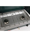 Two Burner Propane Camping Stove with 20,000 BTU Output, Wind Block Panels, and Pressure Regulator, ideal for camping