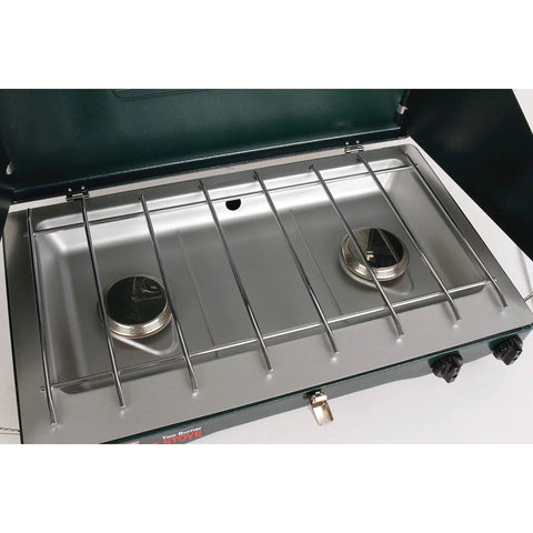 Two Burner Propane Camping Stove with 20,000 BTU Output, Wind Block Panels, and Pressure Regulator, ideal for camping