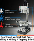 Gear Head Vertical Drill Press With Automatic Feed For Drilling, Tapping And Milling machine with R8 spindle visible.