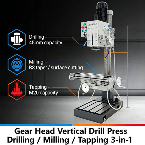 Gear Head Vertical Drill Press With Automatic Feed For Drilling, Tapping And Milling machine with R8 spindle visible.