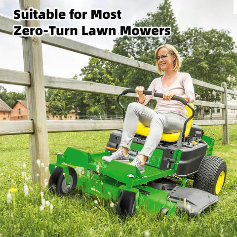 Person mowing lawn on zero-turn mower with Flat Free 13x6.50-6 Lawn Mower Tires and Wheel Set for Zero Turn Mowers installed.