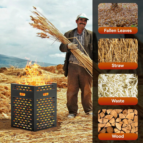 Heavy Duty 63 Gallon Burn Barrel Fire Pit For Outdoors 30 Inch Incinerator Barrel Burn Cage with man and burning straw in field