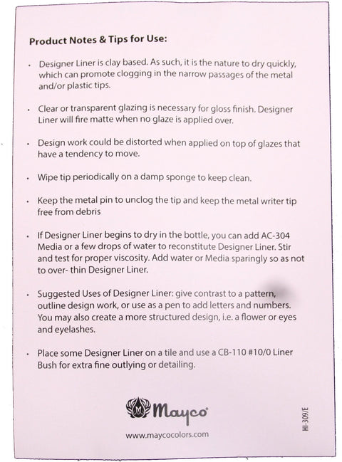 Front view of Mayco Designer Liner ceramic glaze writers instruction sheet with tips and Mayco logo.