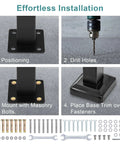 Installation steps for Real Steel Wrought Iron Handrail For Outdoor Steps with tools and black mounting base.