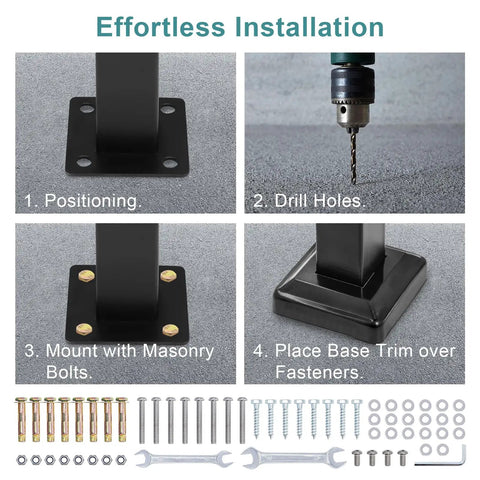Effortless installation steps for No Sweat Outdoor Step Handrails Heavy Duty Double Post Railing System.