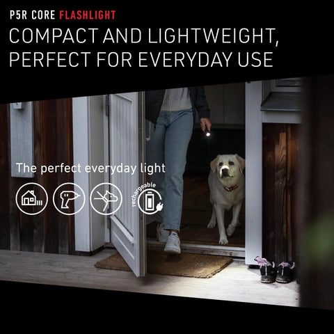 Person holding P5R Core Rechargeable Flashlight With High Power LED 500 Lumens Waterproof Light for home and outdoor use, dog nearby.