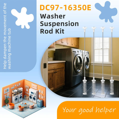 Premium Stainless Steel Washer Suspension Rods Replacement Kit For Front Load Washers DC97-16350E, Fits WA45H7000AW A2 And Similar Models, Heavy Duty, 1.5x Thicker, Quiet, Smooth Operation, Easy DIY Install, Durable Support For Balanced Loads. 4 steel rods shown