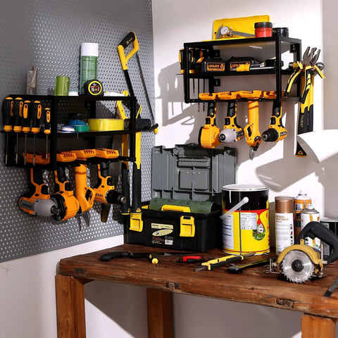 Heavy Duty 3 Layer Power Tool Organizer Wall Mount Rack For Cordless Drills And Tools 2 Pack Garage Storage Shelf in use