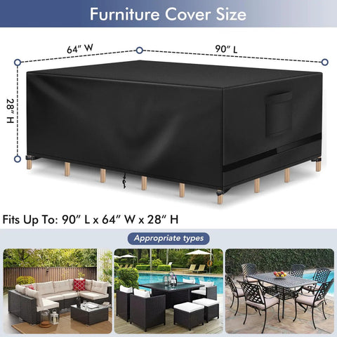 Beefy Heavy Duty Waterproof Patio Furniture Cover For Outdoor Sectional Sets, Rectangle 90 Inch Long By 64 Inch Wide By 28 Inch High, Black