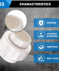 Heavy Duty 1-1/2 Inch PVC Union Coupling Socket To Socket Fittings, 4 Pack, showcasing stability and corrosion protection features.
