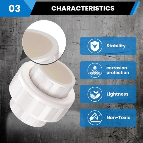 Heavy Duty 1-1/2 Inch PVC Union Coupling Socket To Socket Fittings, 4 Pack, showcasing stability and corrosion protection features.
