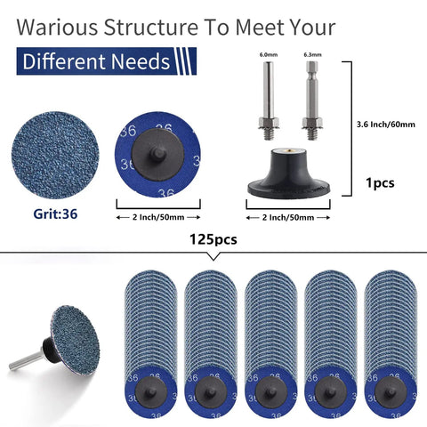 2 Inch Die Grinder Sanding Discs Set With 125Pcs 36 Grit Zirconia Roll Lock Discs And One Quarter Inch Holder for metal deburring.