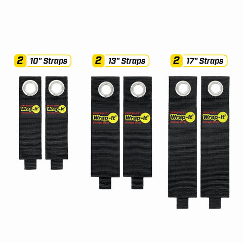 Heavy Duty Storage Straps Six Pack For Garage Cord Management And Cable Organization for RV; 10, 13, 17-inch straps displayed
