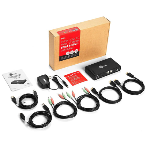 2 Port HDMI KVM Switch Swap Between Two 4K60 Monitors No Sweat Using One Shared Keyboard Mouse And Headphone Setup For Your Ultimate Home Office Or Gaming Rig, cables and accessories view.