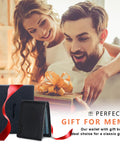 Man smiling as he receives a Genuine Leather Bifold Wallet For Men With Gift Box Handmade Style RFID Blocking wallet as a gift