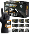 Heavy Duty 10 Mil Black Nitrile Work Gloves With Raised Diamond Grip, 1000 Count Bulk Kit, displayed with packaging and glove details.