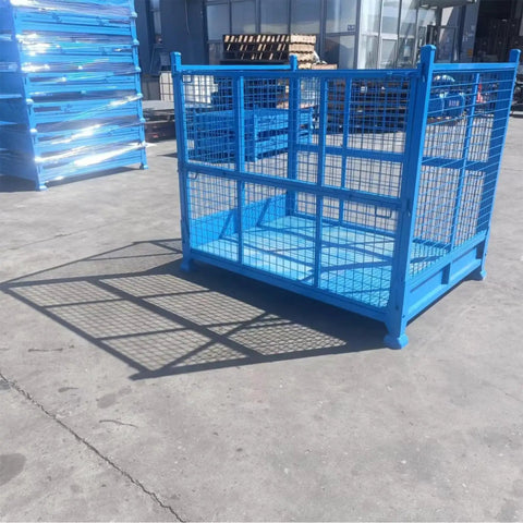 Heavy Duty Cold Rolled Steel Foldable Storage Cage Built Like A Tank Collapsible Industrial Bin For Warehouse Logistics Premium Stackable Crate Box in blue color, showing mesh sides and sturdy base.