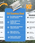 Comparison chart of 304 Stainless Steel vs Galvanized material highlighting corrosion resistance and durability.