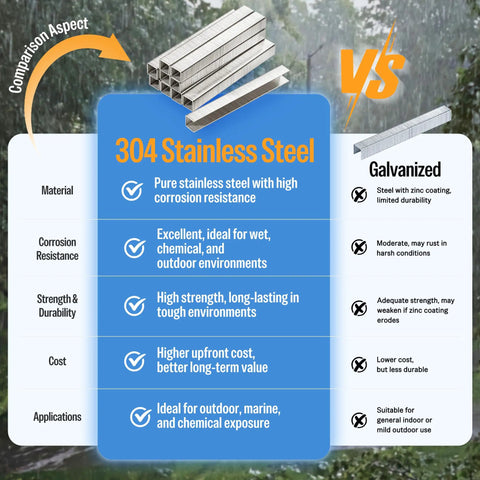 Comparison chart of 304 Stainless Steel vs Galvanized material highlighting corrosion resistance and durability.