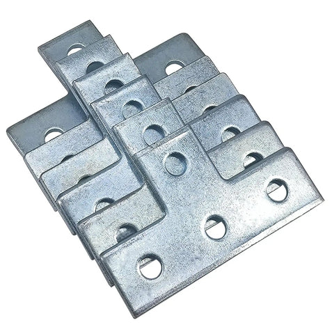 Four Hole T Shaped Brackets Flat Plate For Half Inch Bolt In One And Five Eighths Inch Strut Channel Heavy Duty Unistrut Compatible Mounting Brackets For Construction Framing And Channel Support With Slotted Holes, galvanized steel