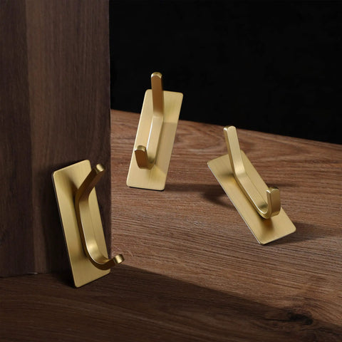 Brushed Gold Self Adhesive Wall Hooks Four Pack Stainless Steel Towel Coat Hat Robe Hangers For Bathroom And Kitchen